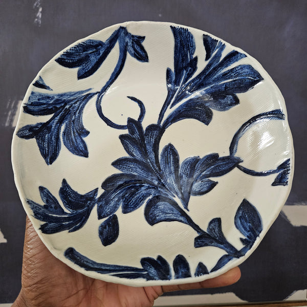 Handmade Botanical Blue and White Ceramic Bowl