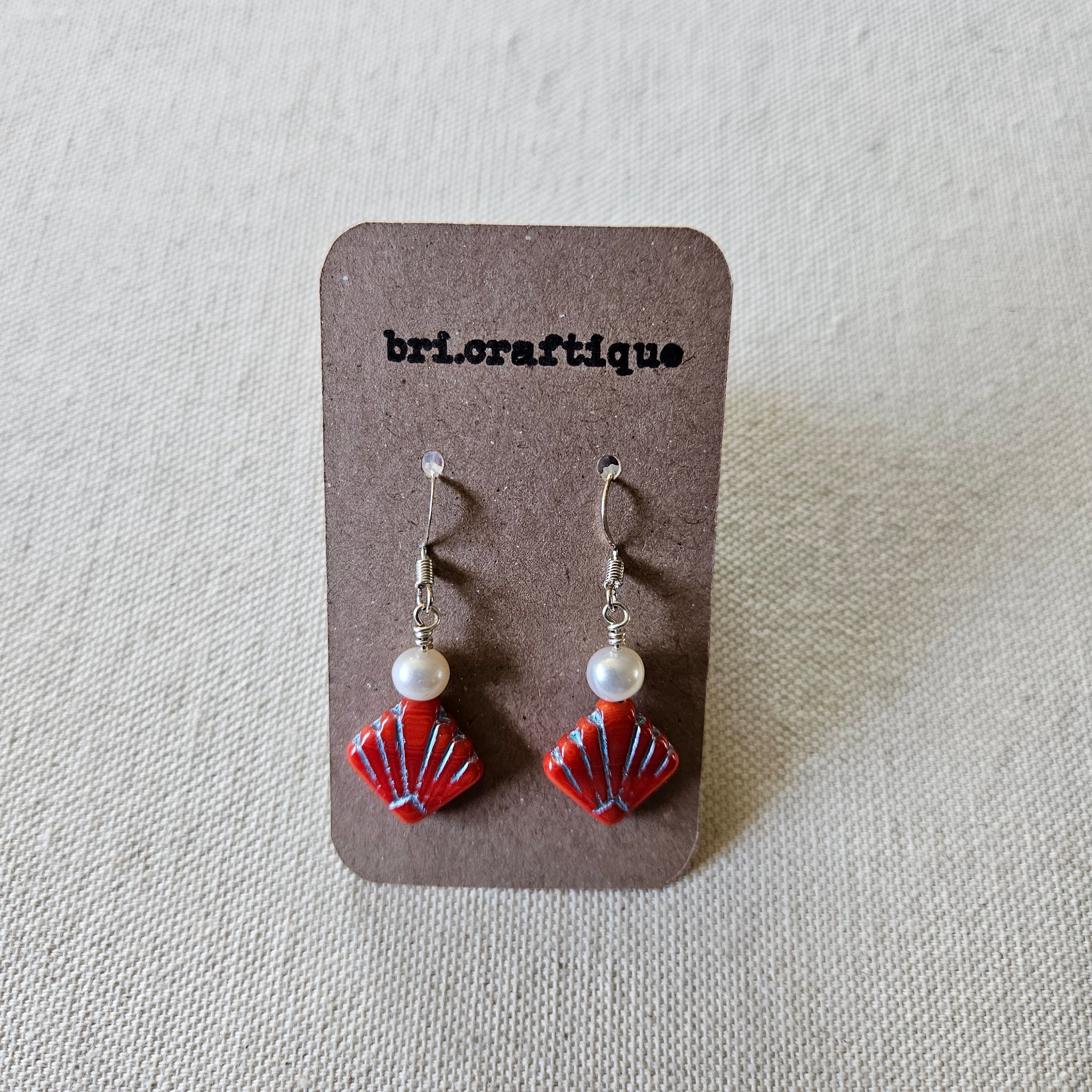 Pearl and Red Fan Drop Earrings