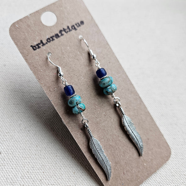 Blue Bead and Feather Dangle Earrings