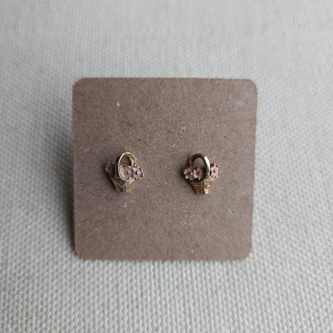 Vintage Avon Gold + Pink Enamel Flower Basket Stud Earrings