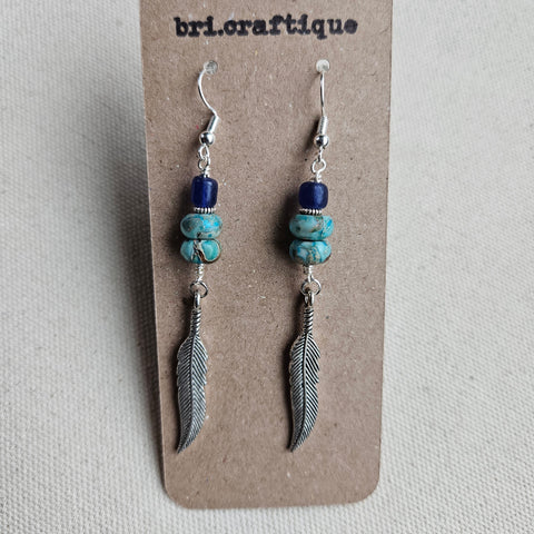 Blue Bead and Feather Dangle Earrings