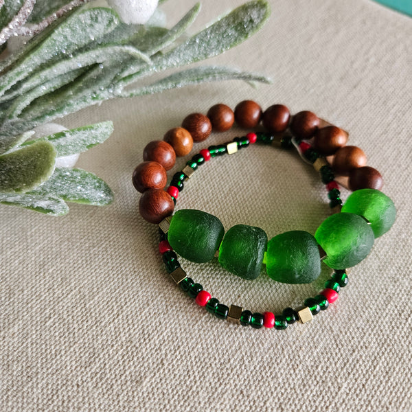 Recycled Green Glass + Wood Bracelet