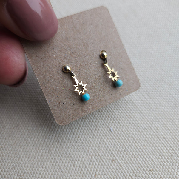 Vintage Gold Star and Blue bead Dainty Dangle Earrings