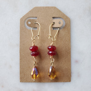 Ruby Red and Golden Topaz Teardrop Earrings