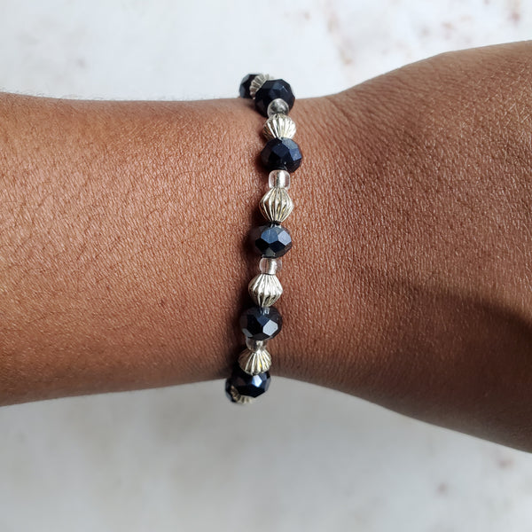 Sapphire Blue Crystal and Silver Beaded Bracelet