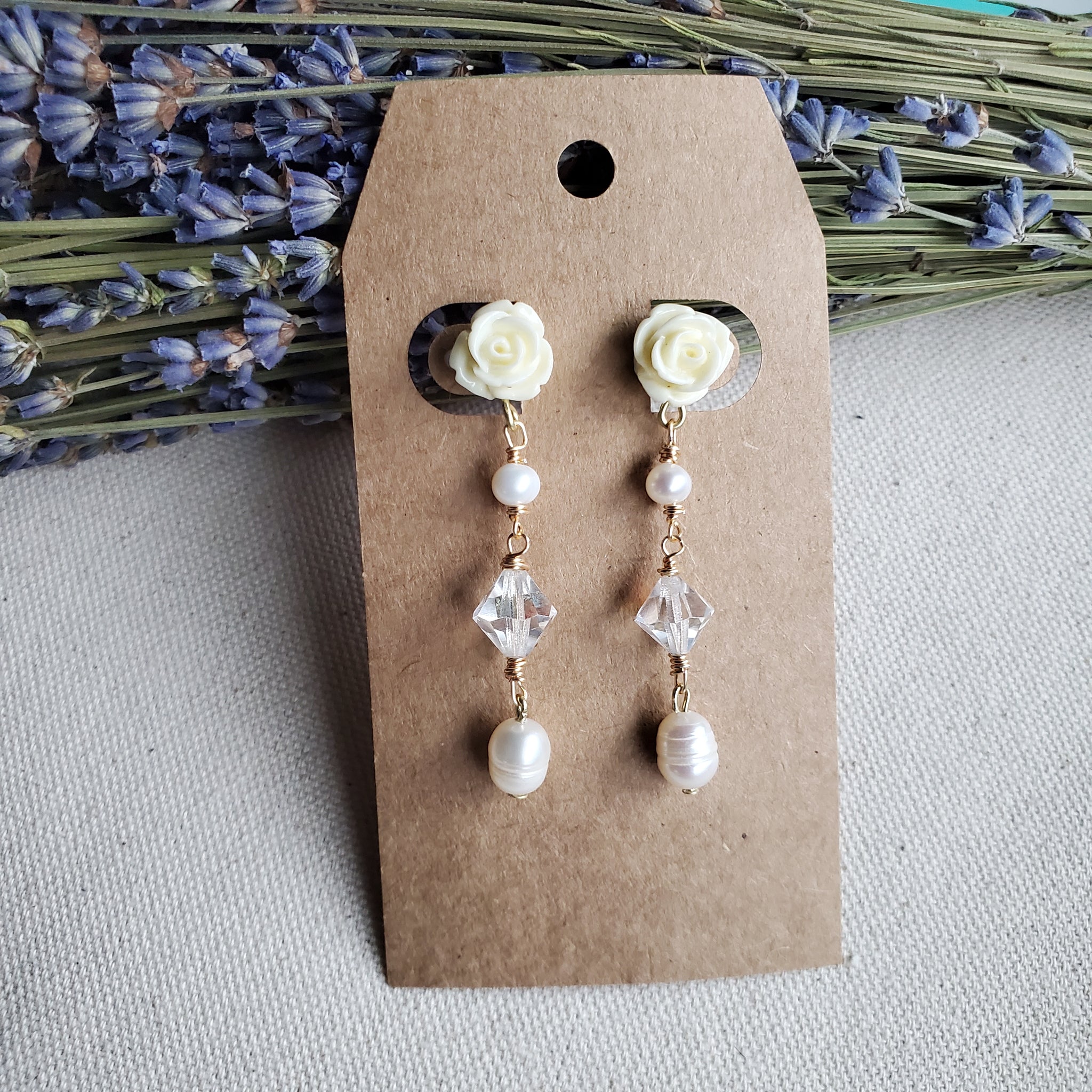 White Rose & Pearl Dangle Stud Earrings