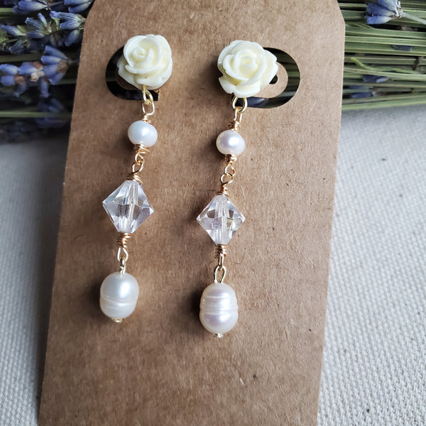 White Rose & Pearl Dangle Stud Earrings