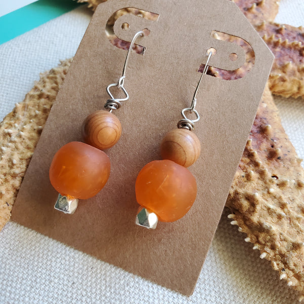 Orange Glass and Wood Drop Earrings