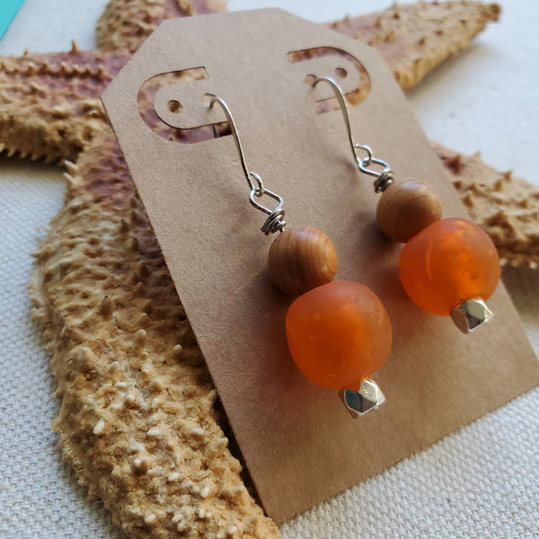 Orange Glass and Wood Drop Earrings