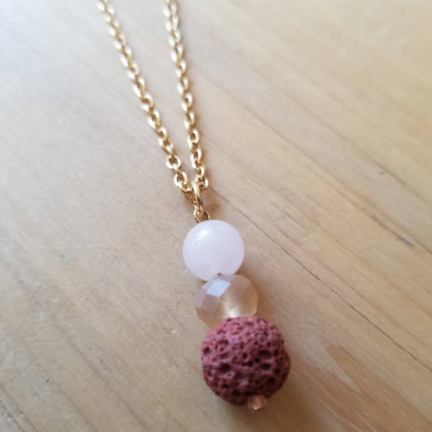 Rose Quartz +  Brown Lava diffuser necklace