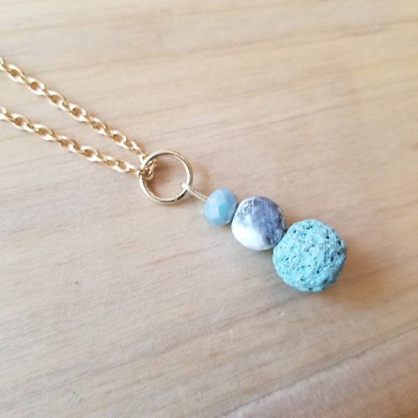 Crackled Agate and Sage blue Lava Bead diffuser necklace
