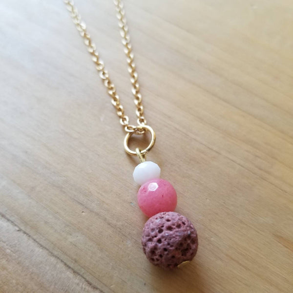 Pink Quartz and Dusty Rose Lava Diffuser Necklace