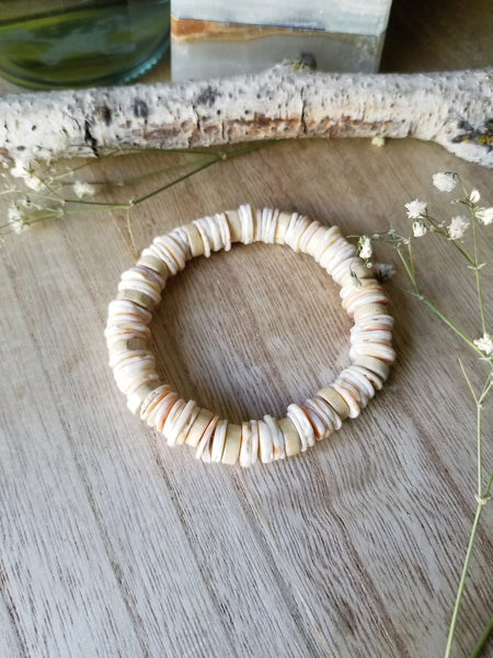 White Shell and Wood beaded bracelet